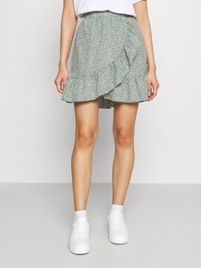 H&M Sage Green White Polka Dot Ruffle Wrap Mini Skirt